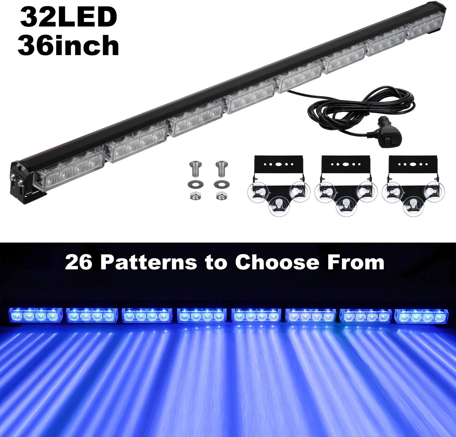 ASPL 36" 32LED Traffic Advisor Light Bar Warning Emergency Strobe Light Bar Directional Flashing Emergency Caution Lighting Led Safety Lights with 16 ft Straight Cord (Blue)
