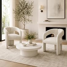Modern Boucle Accent Chair, Upholstered Barrel Armchair with Curved Open Back for Living Room Bedroom, Set of 2 Cream White
