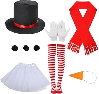 Christmas Costumes for Women, 7 Pcs Adult Snowman Costume Kit Tutu Skirt Scarf Hat Gloves Fake Carrot Nose for Women Party Christmas Cosplay