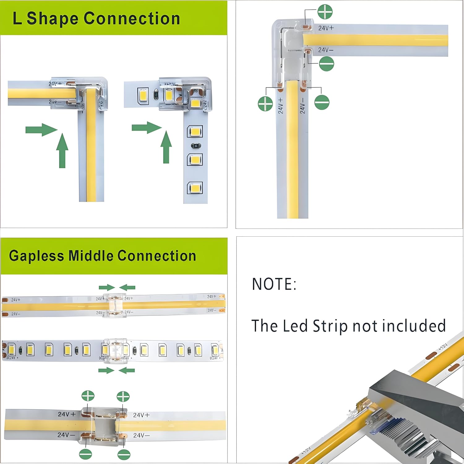 24Pcs 2Pin 8mm Straight & L Shape Led Strip connectors for 8mm Width COB/SMD Single Color Led Strip