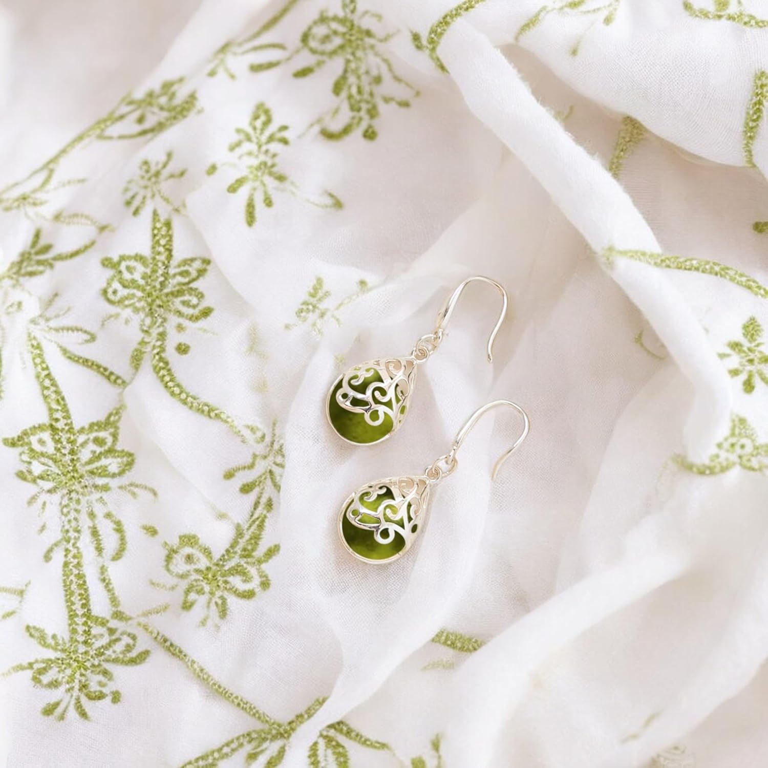 Bottled Up Designs Handmade Filigree Teardrop Earrings, Recycled Vintage Glass, Sterling Silver, Eco Friendly, Made in USA, Mothers Day, Women, Anniversary