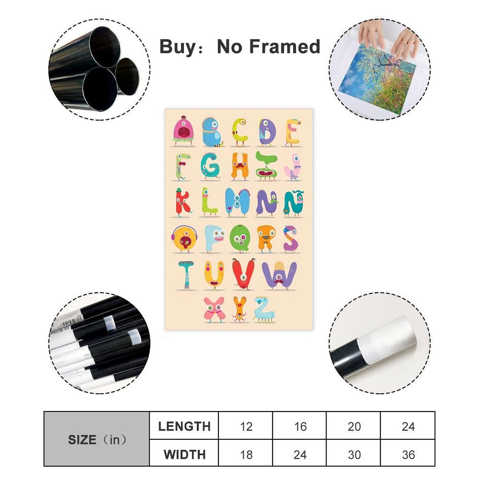 Poster éducatif sur toile représentant un petit monstre 24 lettres de l'alphabet pour enfants, décoration de chambre, bureau, chambre, cadeau, sans cadre : 60 x 90 cm