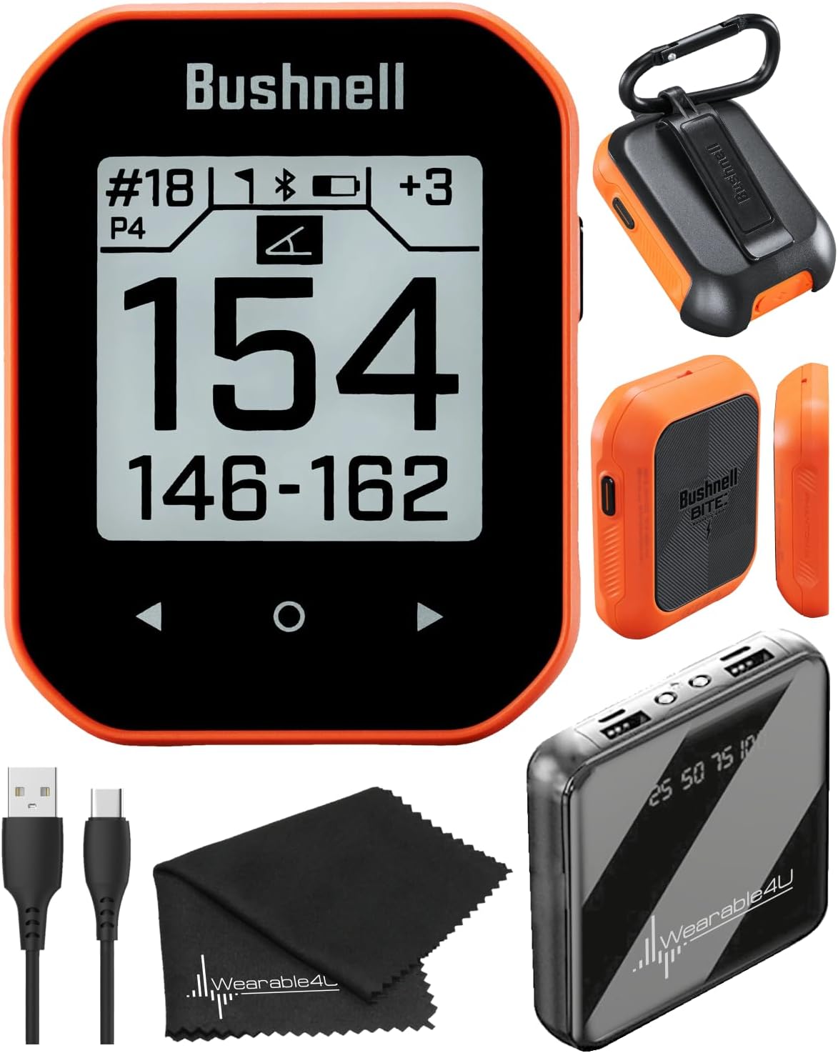 Wearable4U Bushnell Phantom 3 Slope GPS Golf Orange with Slope Technology, Touchscreen, Magnetic Cart Mount with Power Bank and Towel Bundle