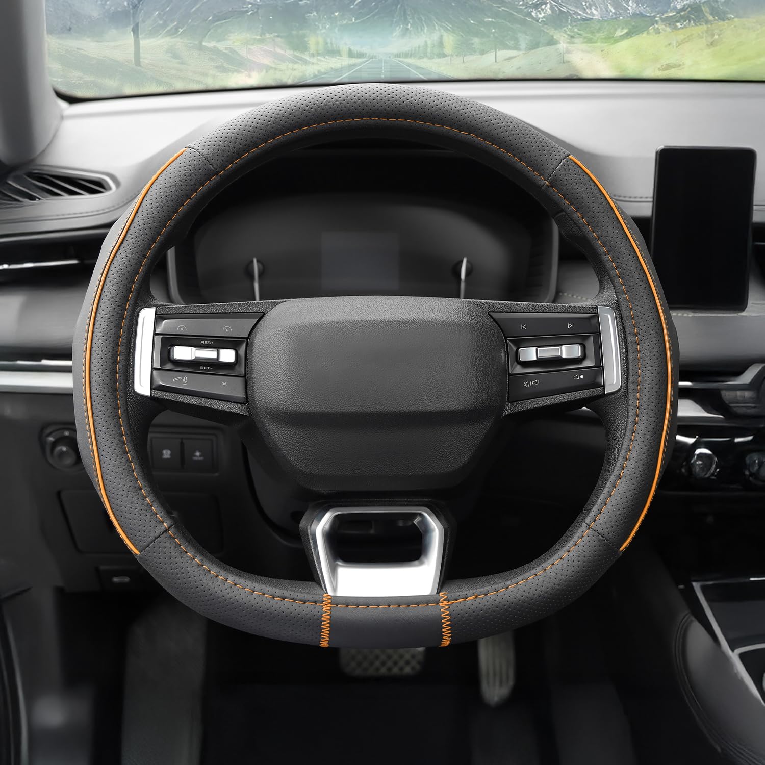 Amazon Basics Leather Steering Wheel Cover – Black with Orange Stitching and Orange Center Line-image-35