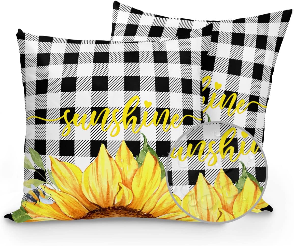 Outdoor Waterproof Throw Pillows Sunflower Bee Black White Plaid Patio Pillows Pack of 2,Decorative Pillow Covers with Insert,Pillow Cushion Case for Indoor Garden Couch Sofa Farm Yellow Floral