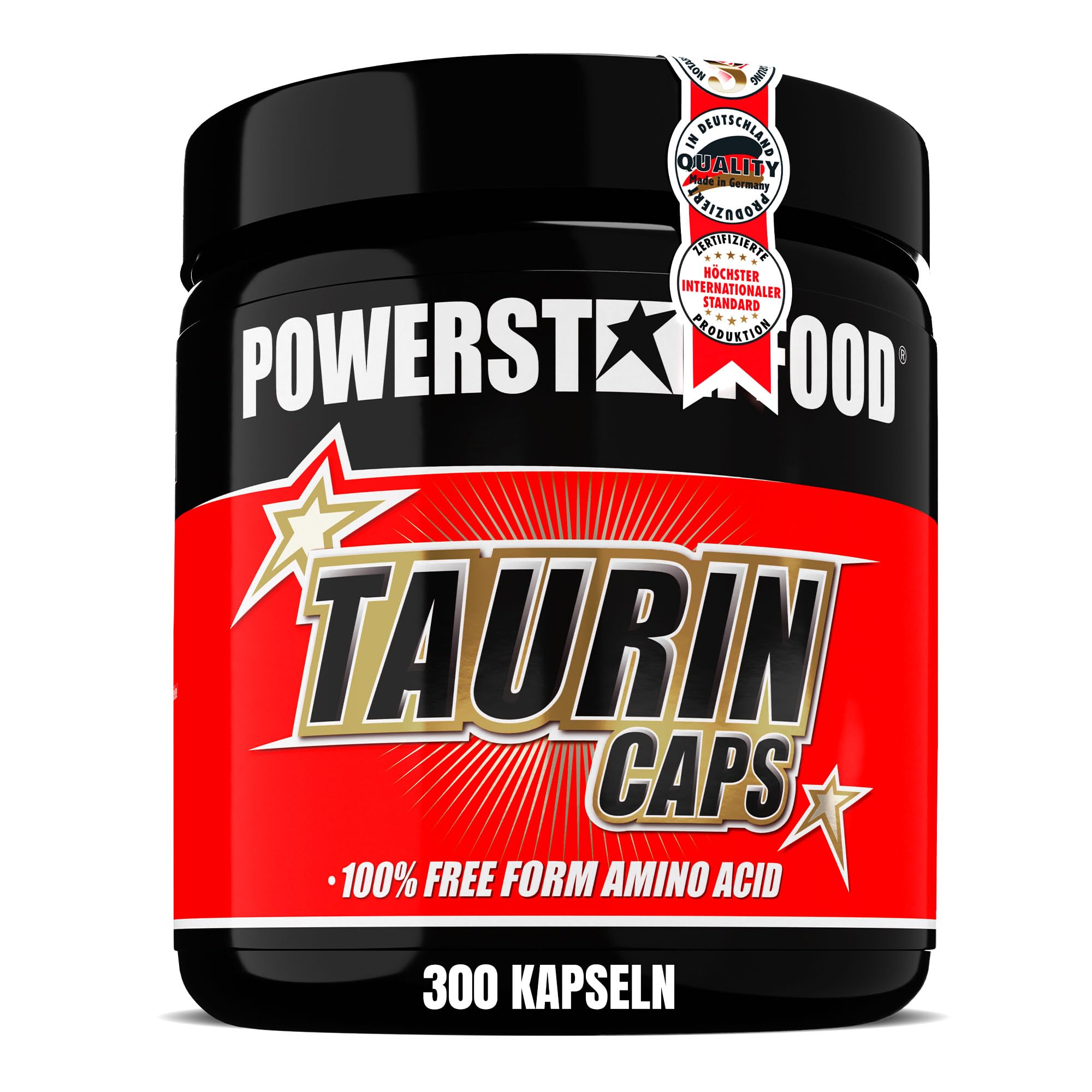 Powerstar TAURIN CAPS | 300 Kapseln HOCHDOSIERT mit 3400mg reinem Taurin pro Portion | Angereichert mit Cofaktor Vitamin B6 | Rohstoffe in Pharmaqualität | Deutsche Herstellung