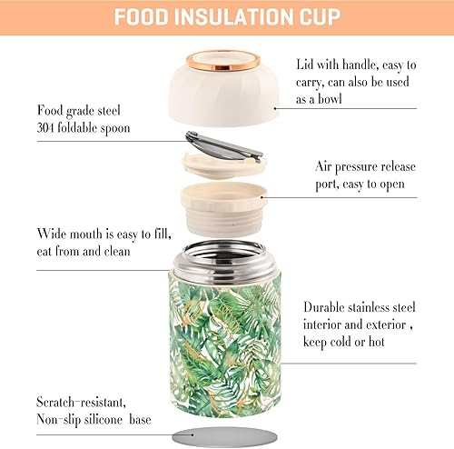 Miniatura 4 de Tropical Leaves Flowers Food Jar with Spoon Stainless Steel Vacuum Insulated Food Container 17 oz Thermos for Adults