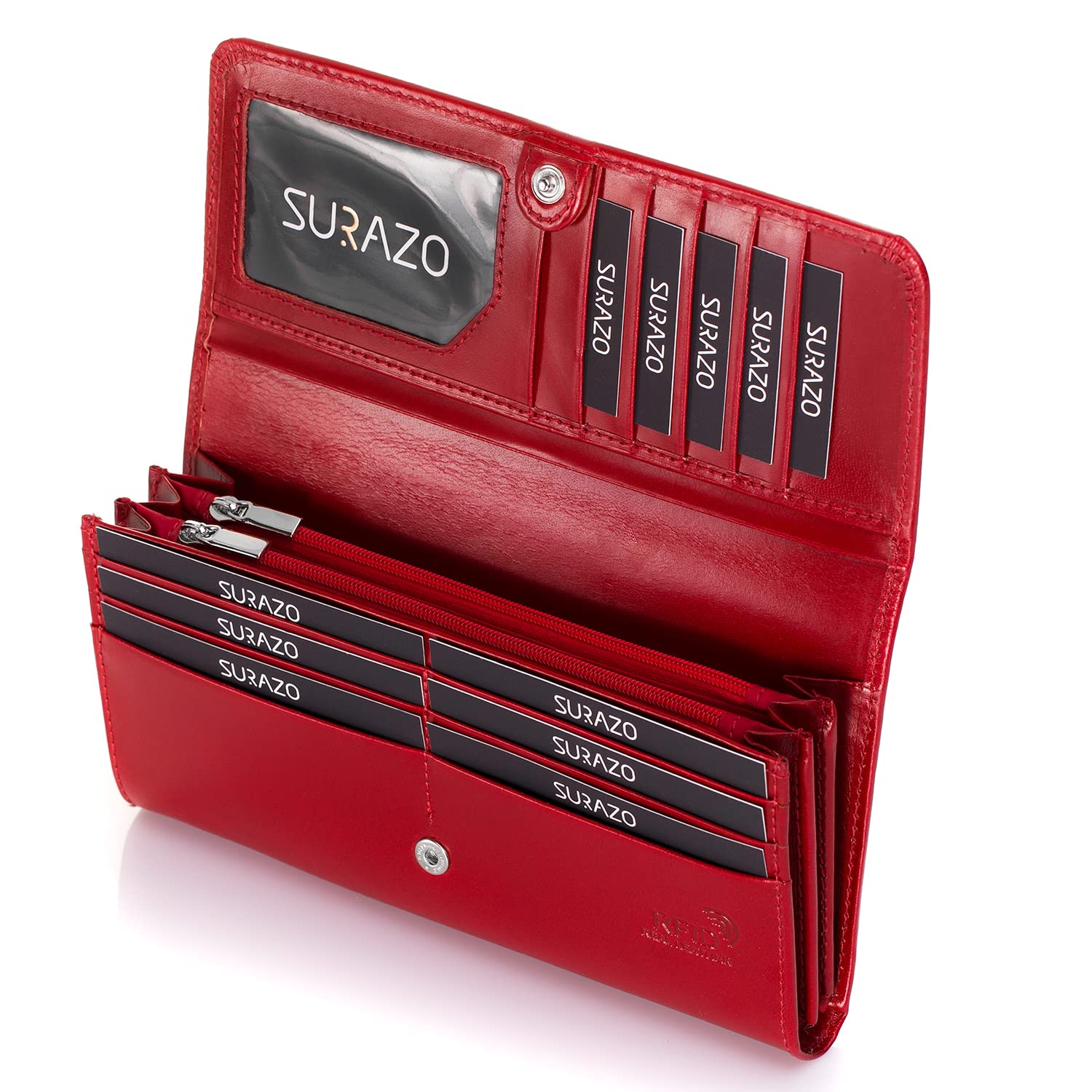 SURAZO® Skórzany portfel damski, duży, wiele przegródek, duży portfel z 12 przegródkami na karty [ochrona RFID], skórzany portfel damski, portfel damski z klapką, czerwony, XL