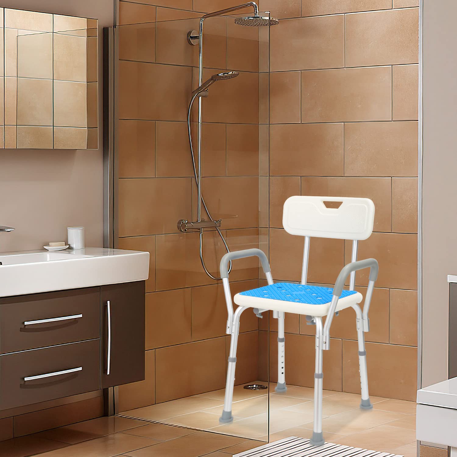 Taboret prysznicowy dla seniorów, krzesło prysznicowe z podłokietnikami i oparciem, regulowana wysokość siedziska 41-53,5 cm, taboret łazienkowy, antypoślizgowy taboret prysznicowy