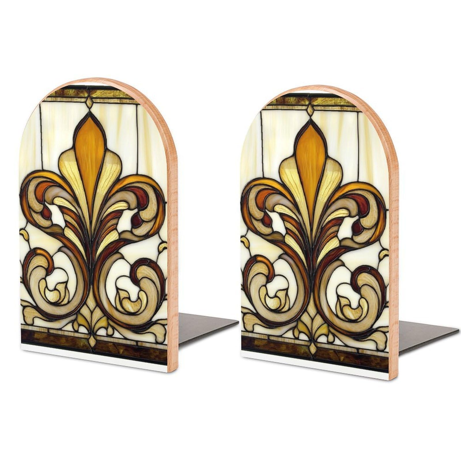 Stained Glass Panel Golden Yellows Floral Wooden Bookends Shelves 2 PCS Sturdy Book Holders Desktop Organizer for Home Office Libraries