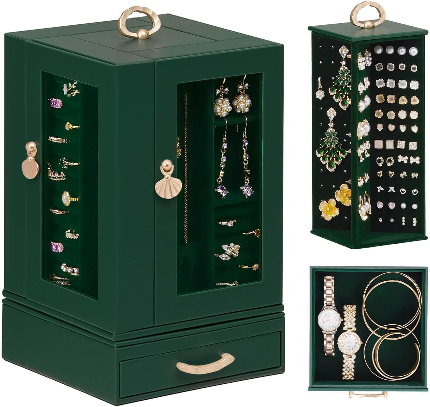Enthralite Jewelry Box large for Dresser: Women Necklace Ring Storage Organizer with Compartments - Elegant Earring Holder Display (Dark Green)