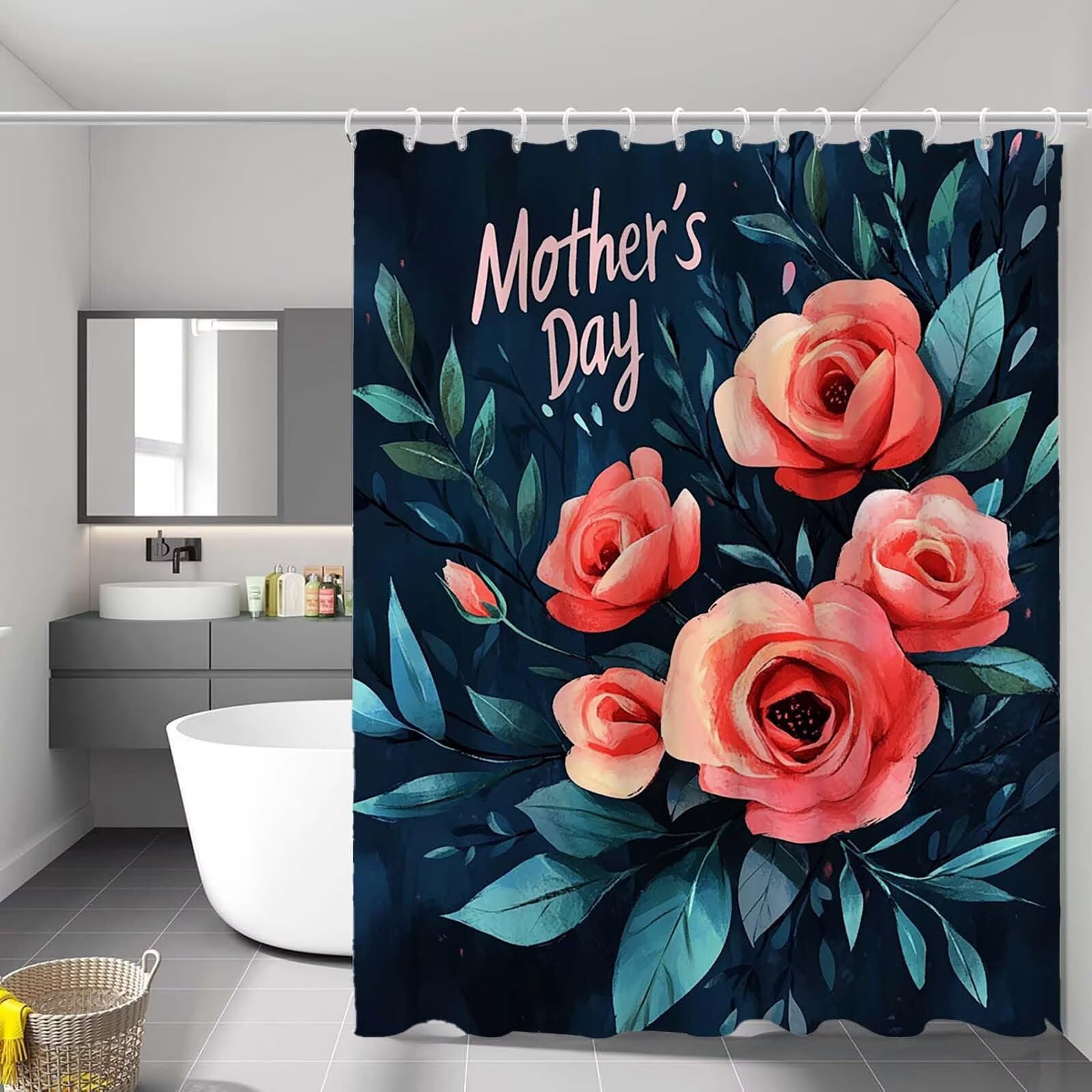 Rideau douche fleur rose pour optimiser l'espace baignoire et salle de bain
