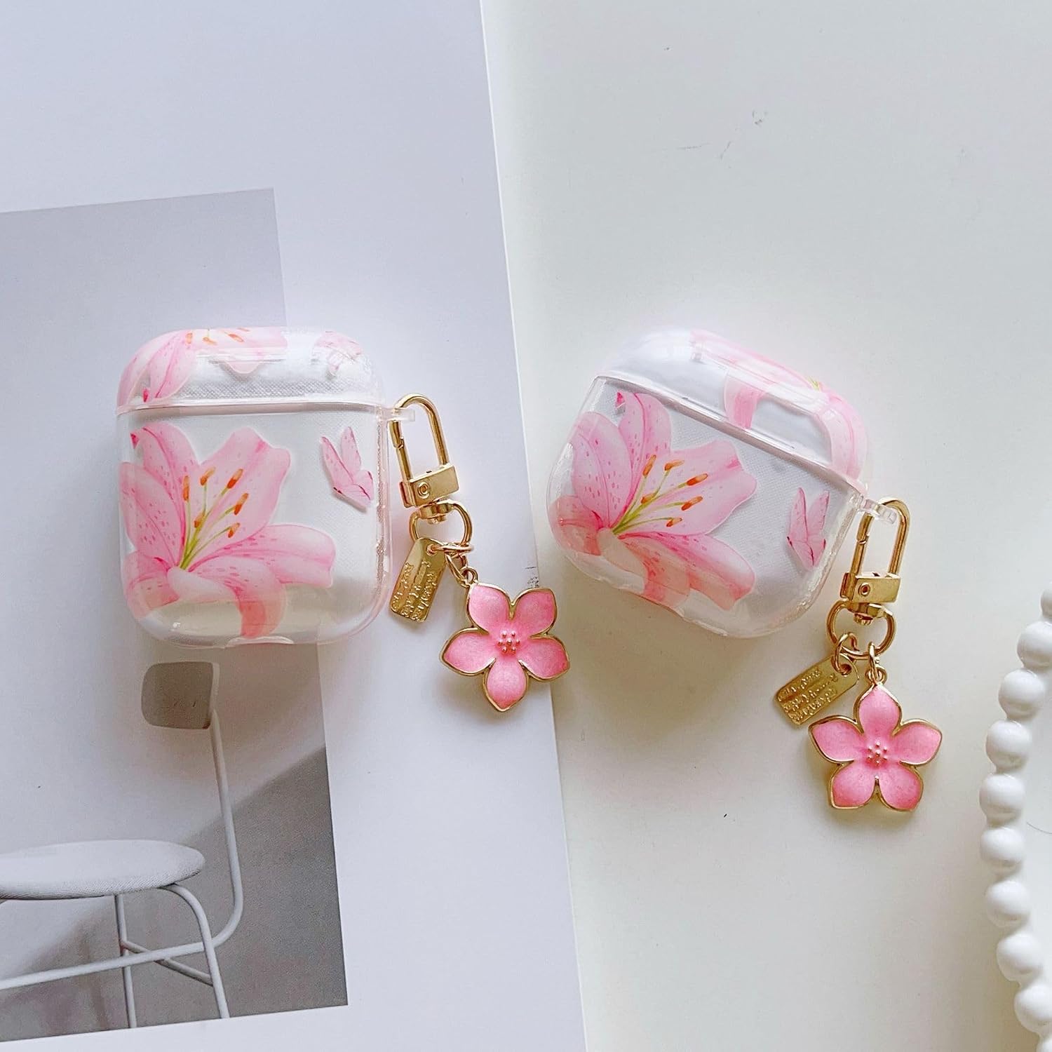 for AirPods 4th Generation Case Clear Flower Floral with Pearl Conch Keychain with Cleaner Kit Aesthetic Cute Trendy Shockproof TPU Protective Cover for AirPod 4-Pink image 3