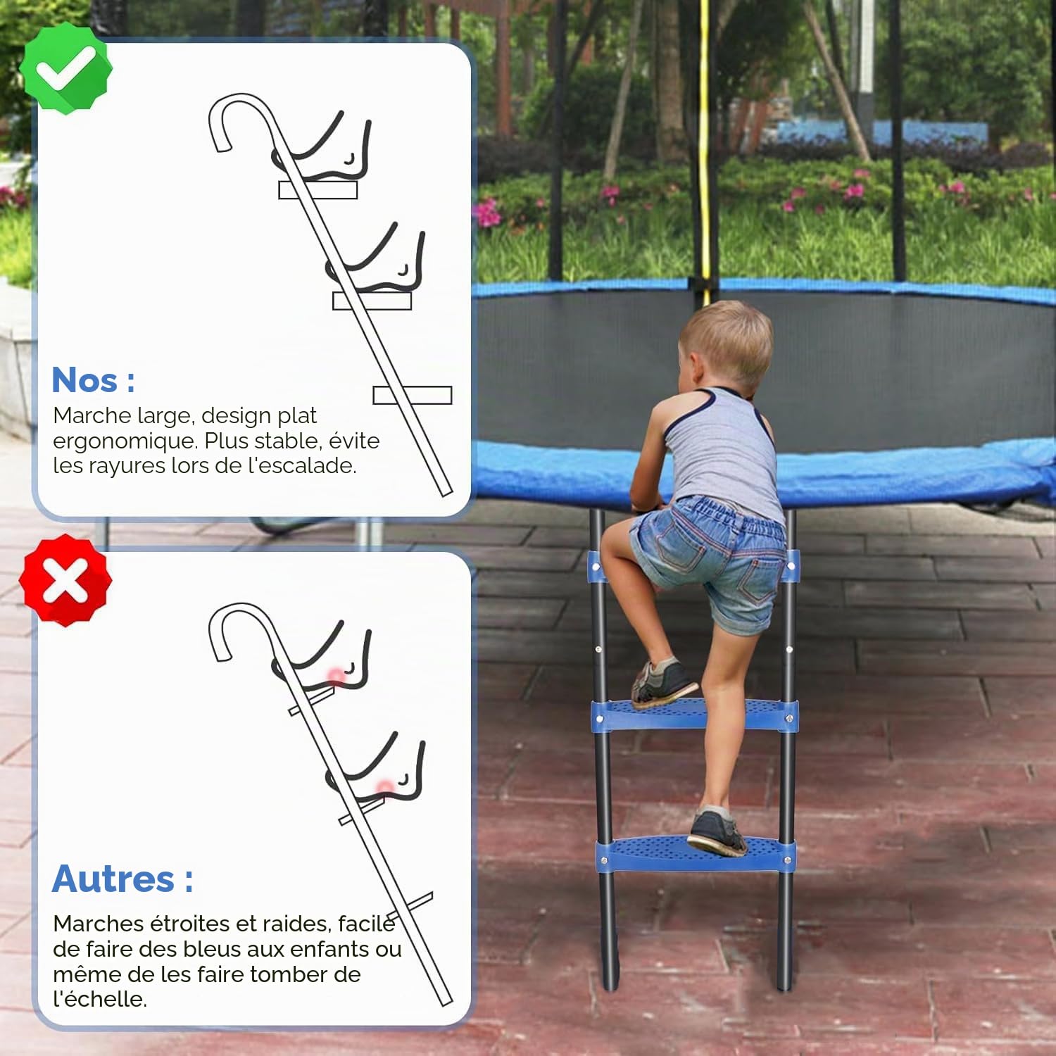Echelle Trampoline Antidérapante à 3 Marches, Accessoire Trampoline, Hauteur 107 cm, Cadre Métallique Résistant, Larges Marches, Convient à la Plupart des Trampolines