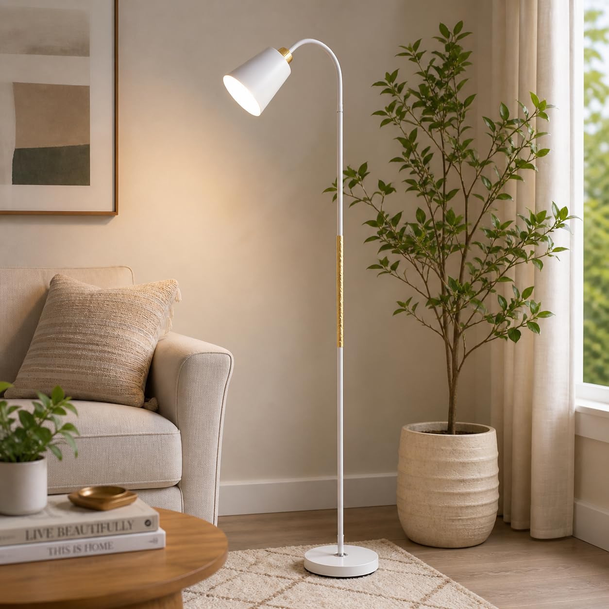 BURAKH Modern Metal Floor Lamp with Adjustable Head - Tall Standing Reading Light for Living Room, Bedroom, Office, Study - Bright LED Compatible Task Lamp with Sturdy Base (White)
