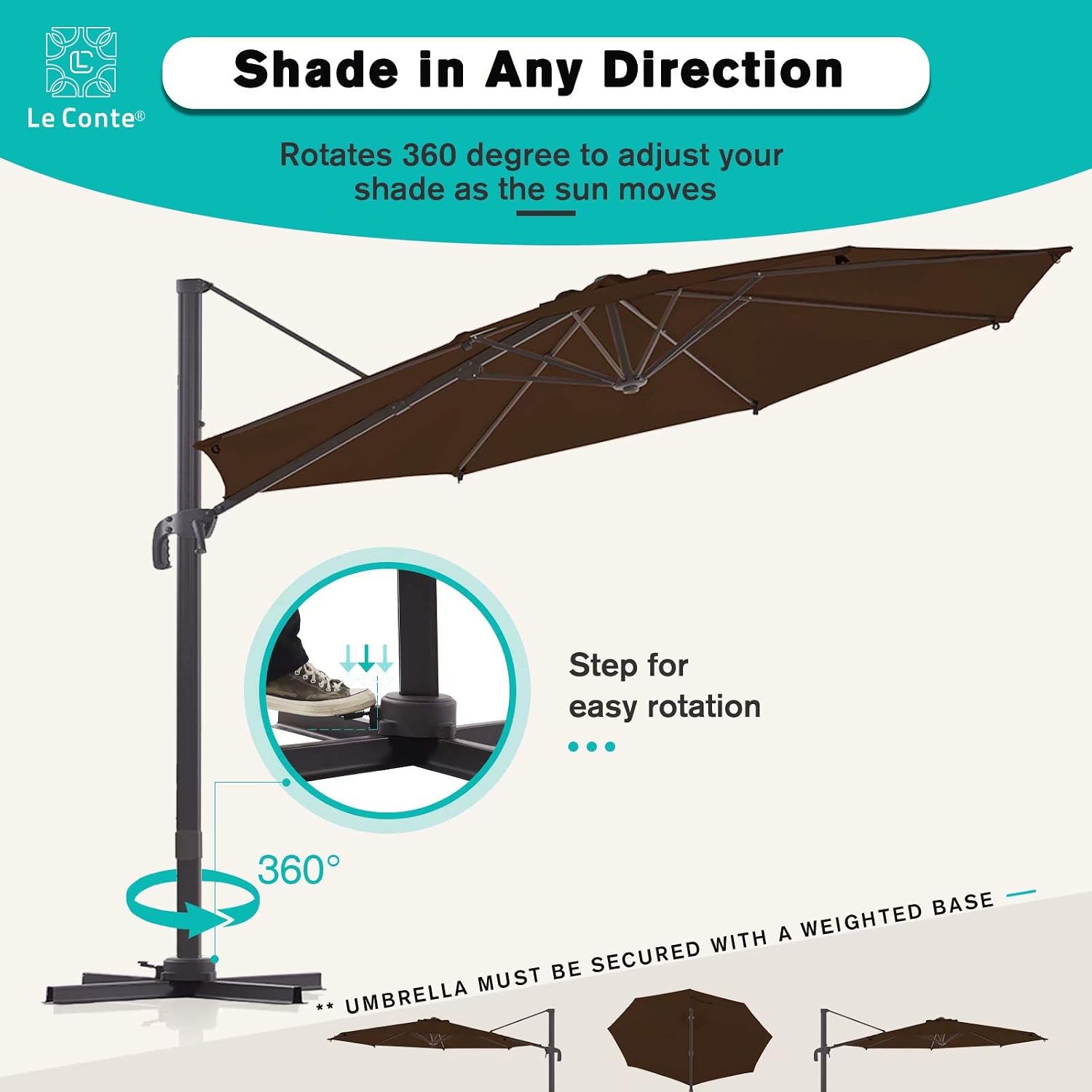 LE CONTE LYON 10 ft. Cantilever Umbrella with 360 Degree Rotation | Outdoor Aluminum Offset Patio Umbrella Market Hanging Umbrellas | Solution Dyed Fabric, 5-level Tilting and Cross Base (Coffee Brown)