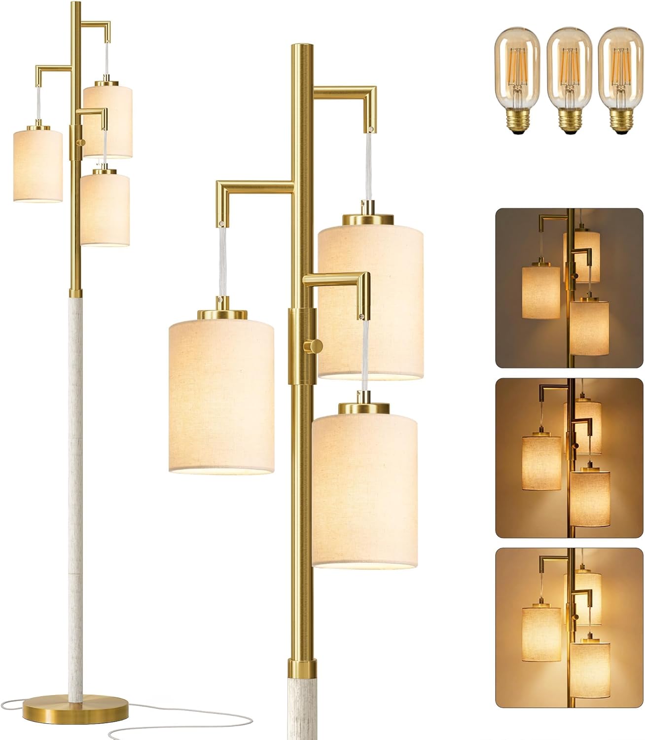 70" Dimmable Floor Lamp Wood Floor Lamps for Living Room Bedroom Mid Century Modern Floor Lamp Gold Standing Lamp Tall Lamps for Office Nursery Reading Elegant Stand Up Lamp, 3 Bulbs Included