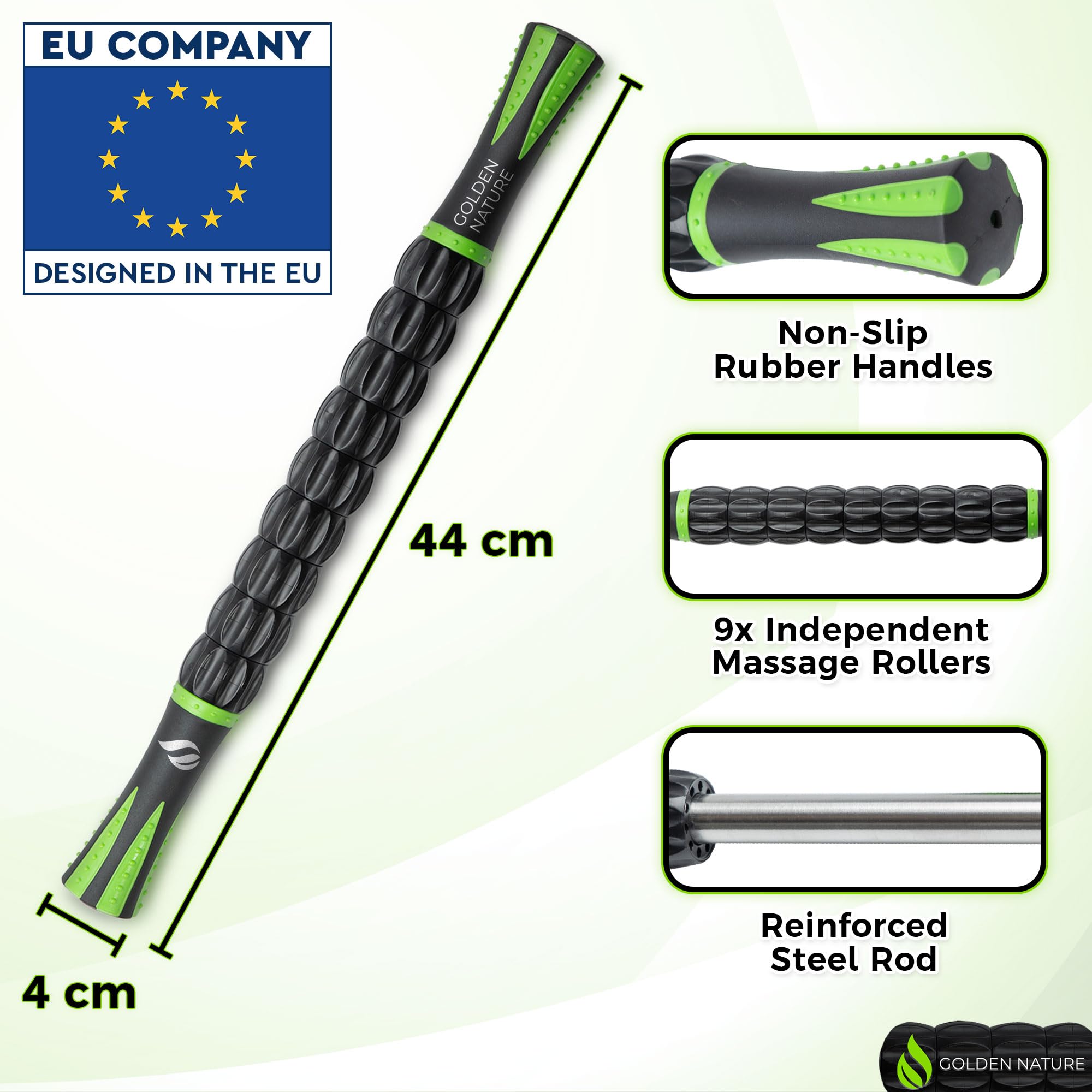 Muscle Roller Stick - Lymphatic Drainage Massager with 9 Rollers - Handheld Deep Tissue & Trigger Point Tool for Pain Relief and Cellulite Reduction - for Legs, Shoulders & Body - by Golden Nature