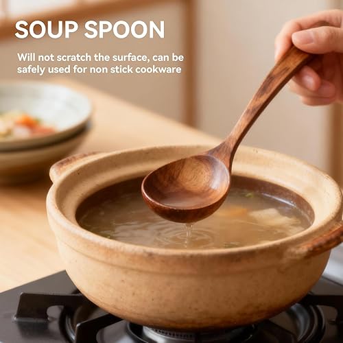 Miniatura 2 de Cucharón de madera de 10.63 pulgadas para cocinar, cucharas de sopa de madera, cuchara de madera de mango largo para sopa
