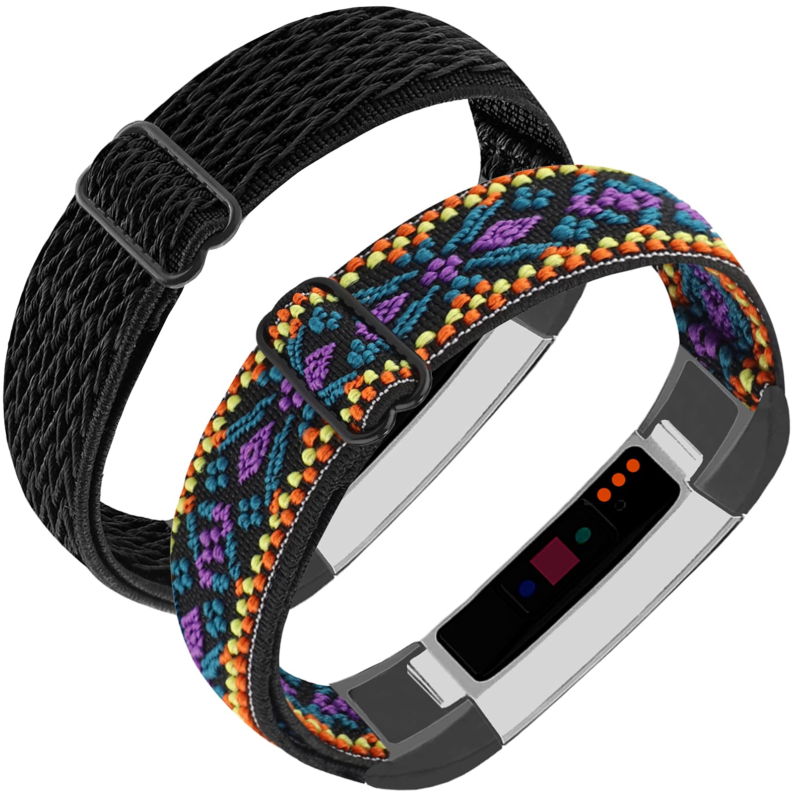 Adjustable Elastic Nylon Bands Compatible with Fitbit Alta and Alta HR Fitness Tracker, 2 Pack Braided Stretchy Wristband Accessory Bracelet Watch Strap Sport Replacement Band for Women Men (Ethnic