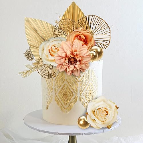Miniatura 3 de DRWATE Decoración para tartas, 11 piezas de flores bohemias con hojas doradas, decoraciones para tartas para bodas, baby shower, suministros de