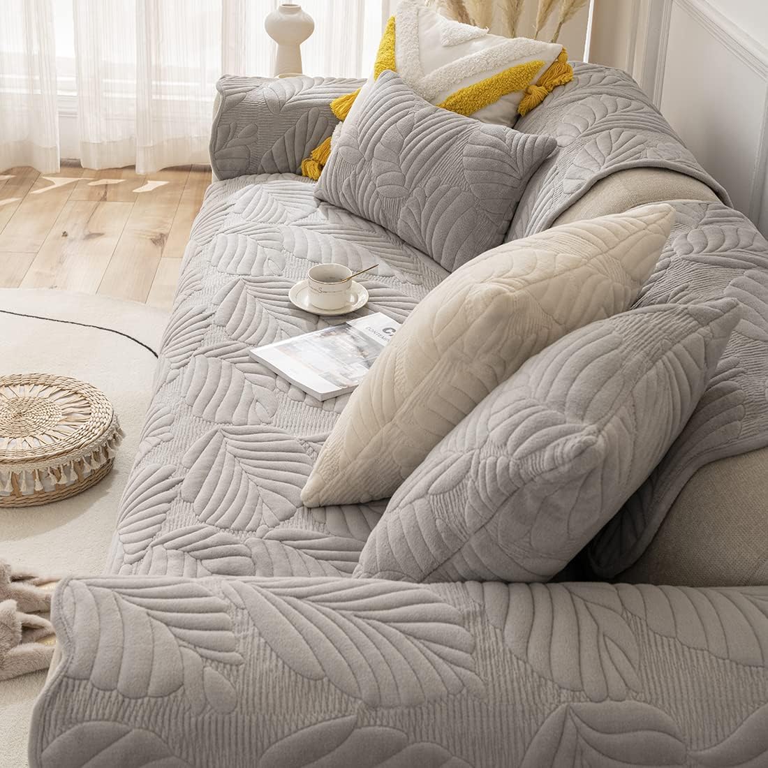 vctops Leaves Pattern Plush Sofa Cover Super Soft Warm Sectional Couch Cover Non-Slip Sofa Slipcover for Dogs, Cats, Kids, Pets Furniture Protector (Light Grey,36"x82")