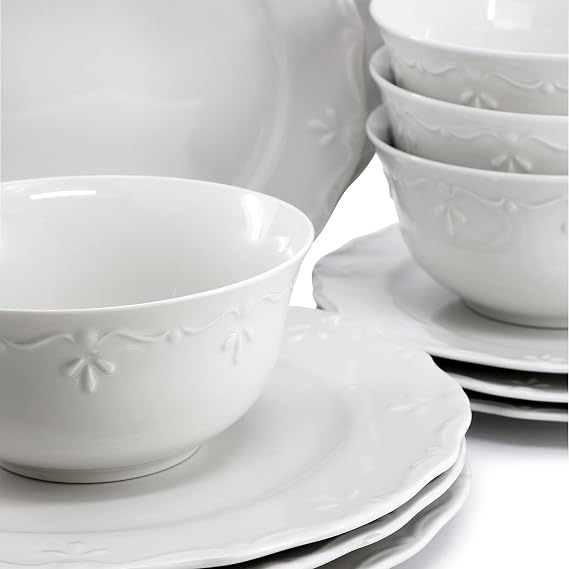 Elama Henryi 16 Piece Embossed Rim Detail Porcelain White Dinnerware Set, Tableware Set, Serveware (16 Piece)