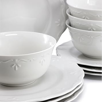 Elama Henryi 16 Piece Embossed Rim Detail Porcelain White Dinnerware Set, Tableware Set, Serveware (16 Piece)