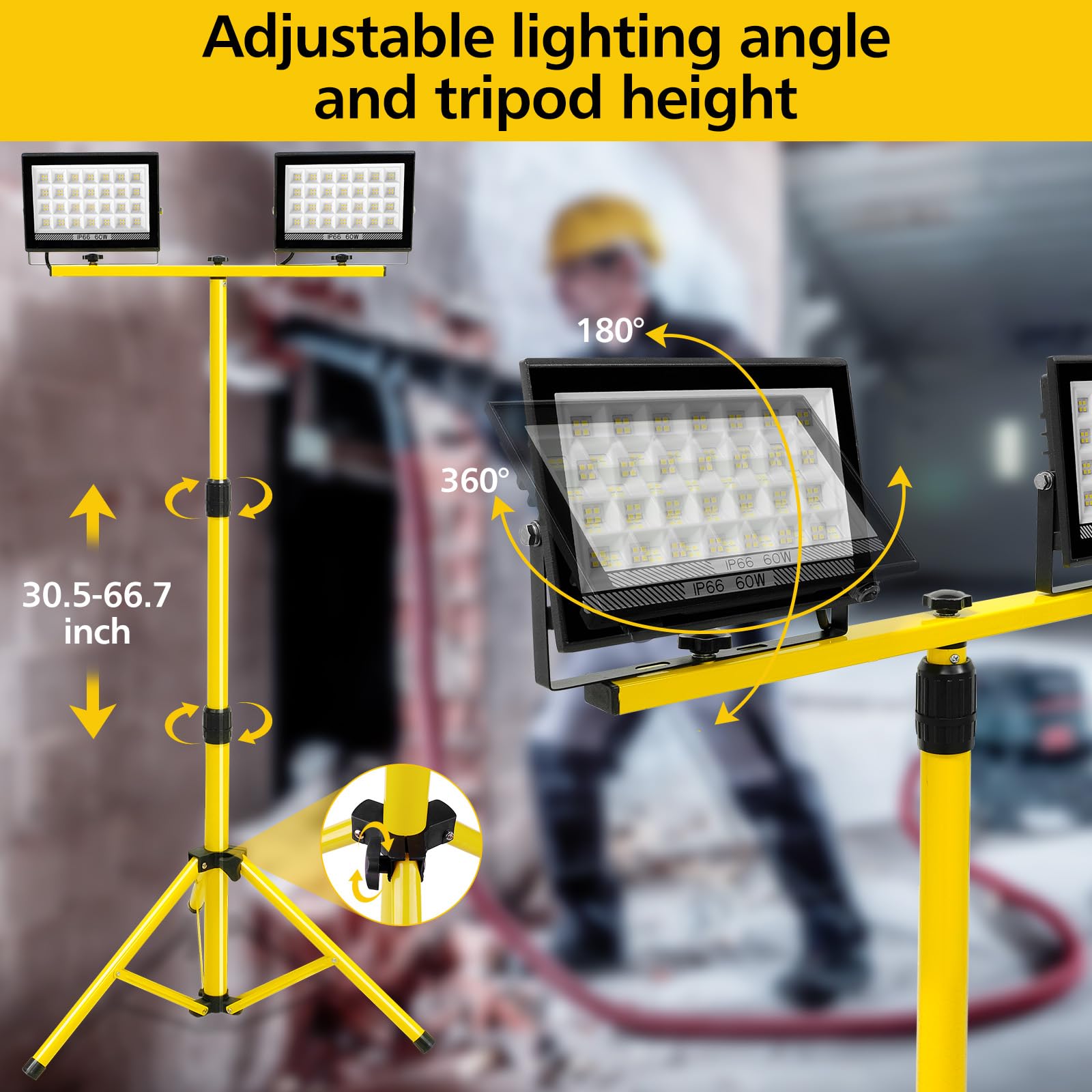 T-SUN 11,000LM Projecteur LED sur Trépieds, 2 x 60W Projecteur de Chantier, Lampes de Travail à LED avec Trépied Télescopique en Métal Réglable, Rotation à 360 °, Câble 4M, Étanche IP66
