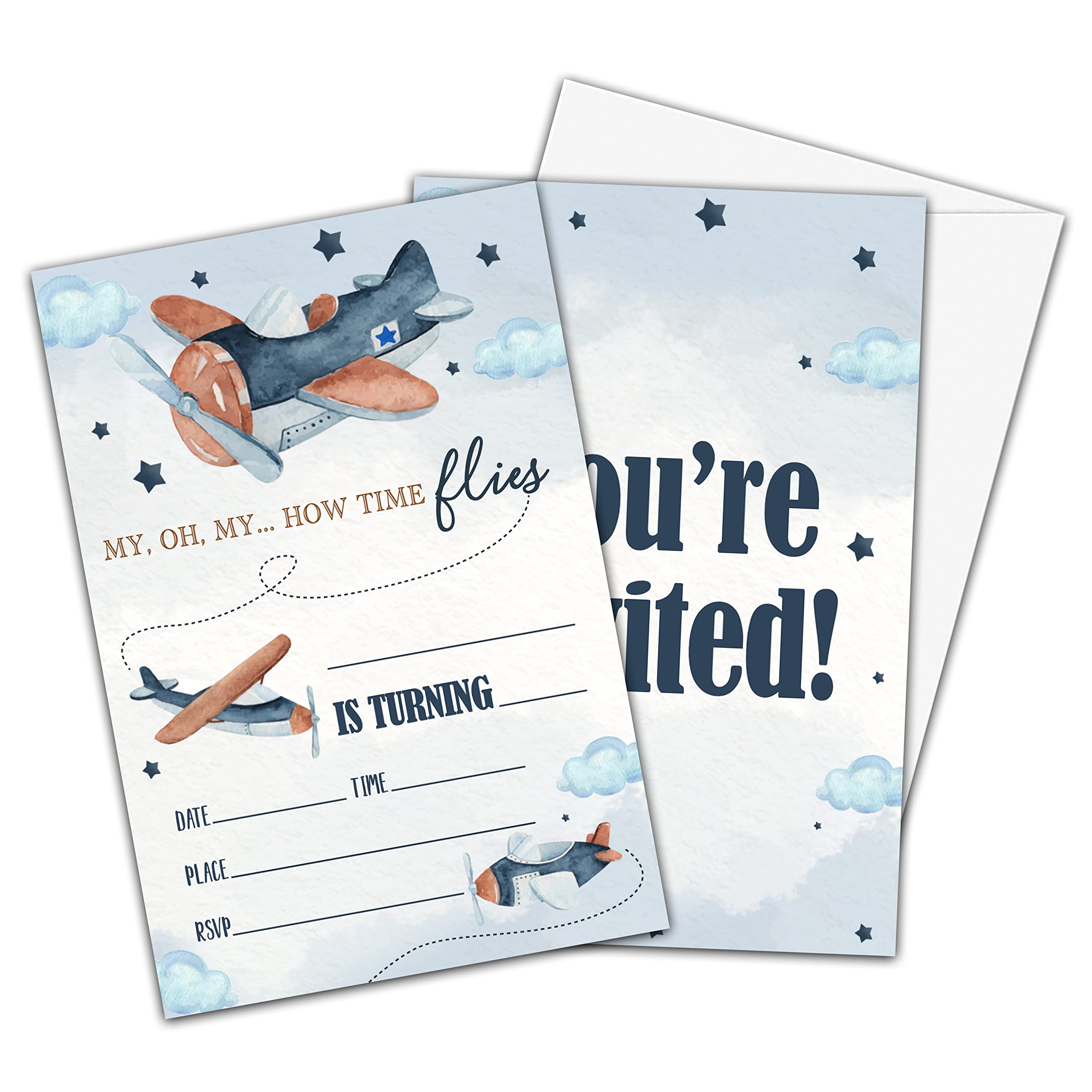 OZTEMETY Airplane Birthday Invitations for Boys Girls, How Time Flies Birthday Party Supplies and Decoration, 20 Cards with 20 Envelopes -a14