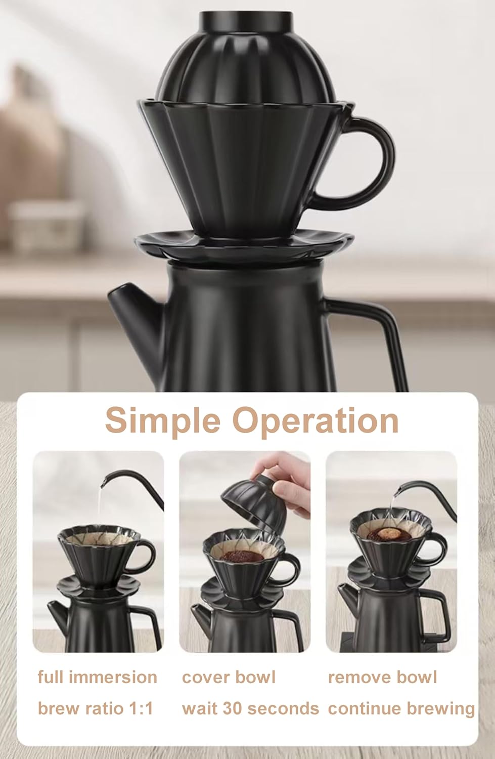Pour Over Drip Coffee Maker Set, Coffee Brewer Dripper Cone Filter, Ceramic Pour Over Coffee Dripper Set, V60 Dripper & Coffee Decanter & Coffee Bowl, Coffee Gift, 1-2 Cup, Black