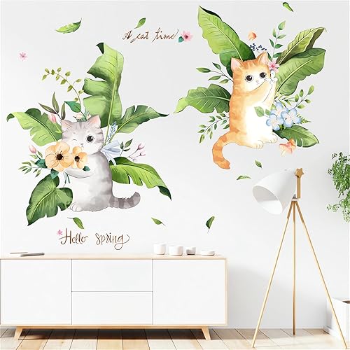 Miniatura 2 de Calcomanías de pared con diseño escandinavo de hojas de palmera de gatitos lindos y frescos, calcomanías de pared de animales de gato de dibujos