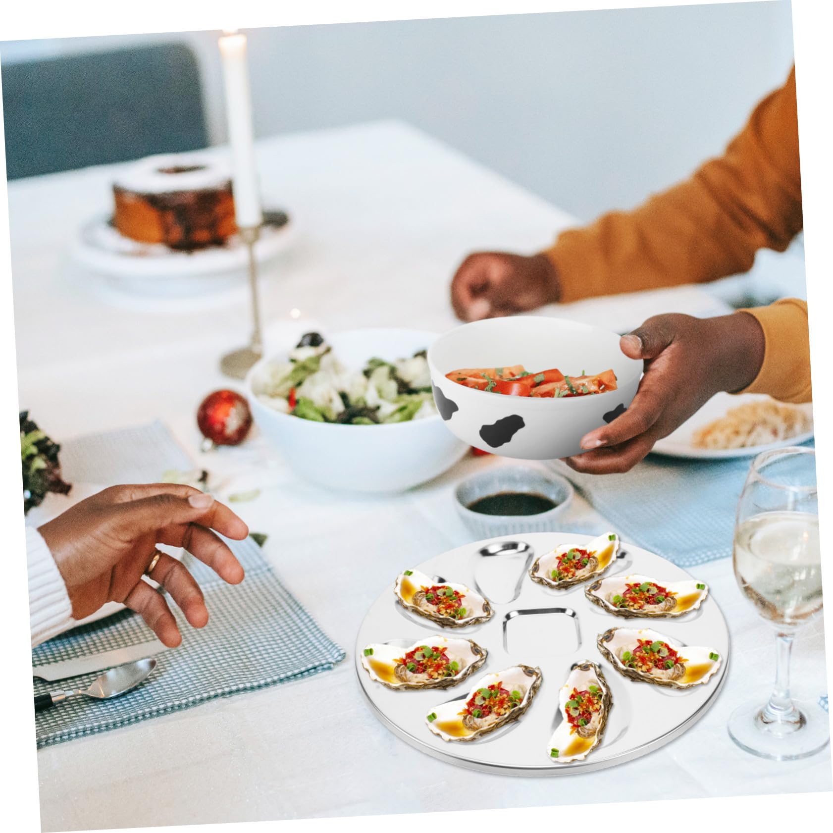Plato para Ostras de Acero Inoxidable Resistente la Oxidación con Ranuras para Salsa para Horno para Mariscos Aperitivos y Uso Restaurantes
