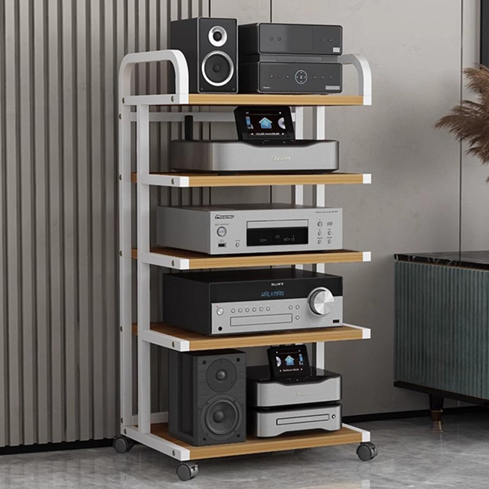 ROHCGHC Audio Rack Tower, White Electronics Equipment Shelf Space Saving, Video AV Component Rack Stereo Cabinet, Hifi Speaker DVD Storage Stand