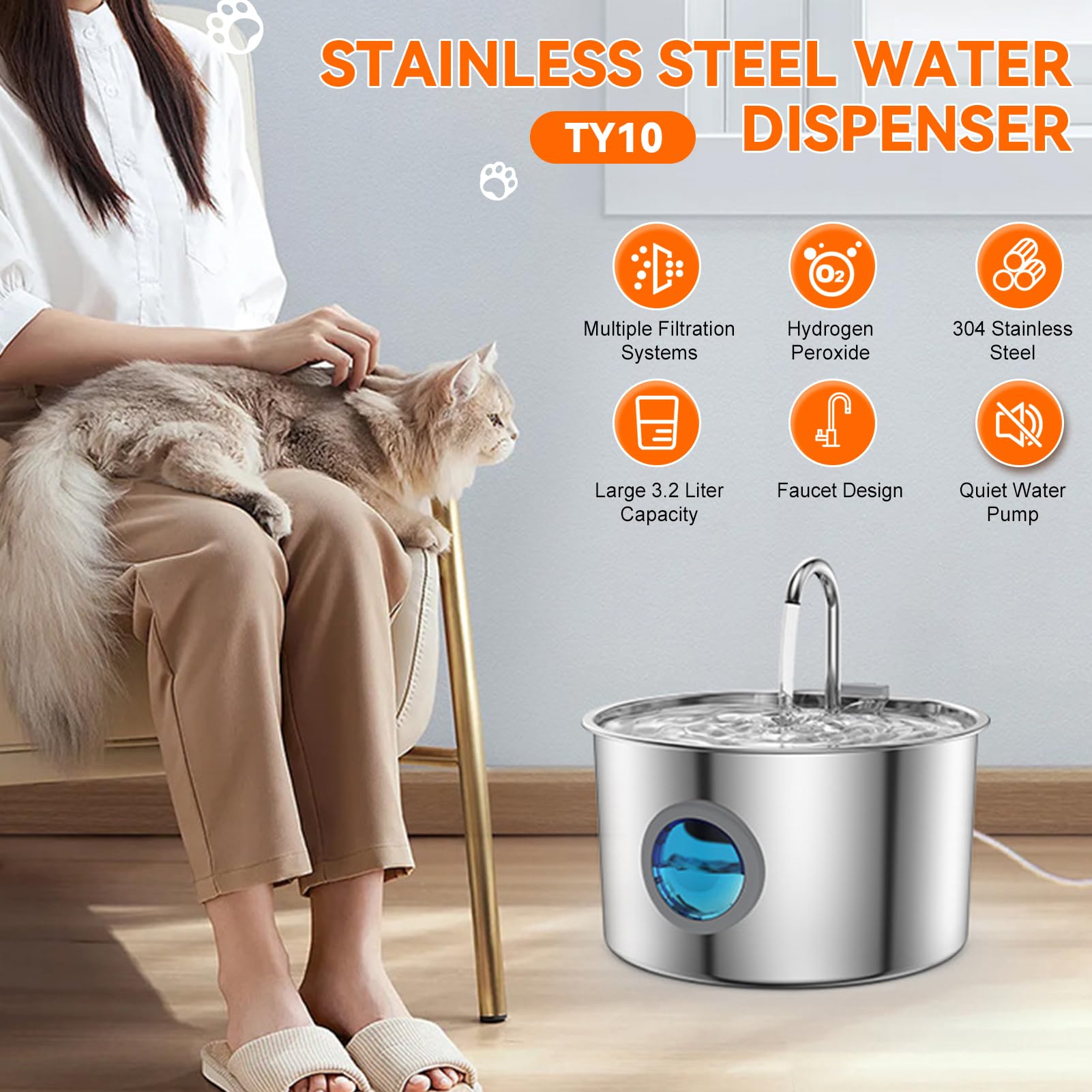 Fuente para gatos de acero inoxidable, automática, ultrasilenciosa