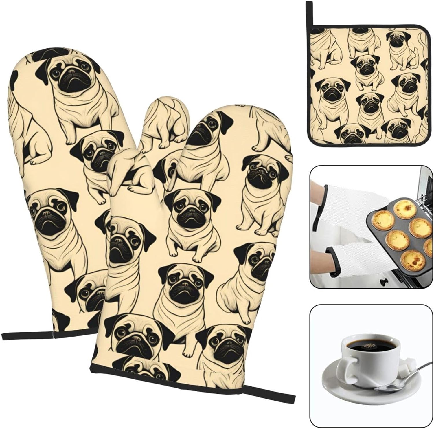 Cute Pug Dog Print Heat Resistant Microwave Gloves, Used for Baking, Cooking, and Fashion Kitchen Essentials