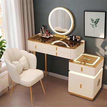 Dressing Table with Mirror and Wooden Chair 80 cm/100 cm Dressing Table with Glass Top Dressing Table with Drawers Dressing Table Set Bedroom Dresser with Lights White + Brown Top 100