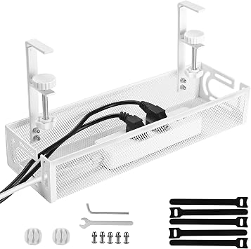 Under Desk Cable Management Tray Small Clamp-Mounted Wire Organizer & Cord Management Under Desk Holder, No-Drill Metal Cable Tray for Home Office White