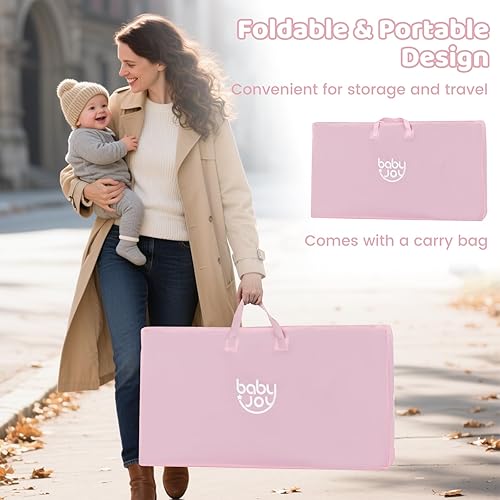 Miniatura 7 de BABY JOY Cuna, cuna plegable impresa con altura ajustable, pies retráctiles, colchón suave y bolsa de transporte portátil, moisés para bebé, cama de