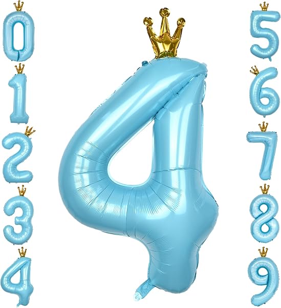GRESATEK バルーン 数字 風船 誕生日 40インチ 大きい ナンバー4 バースデーバルーン 王冠付き クラウン 飾り付け 結婚式 パーティー 記念日 ウェディング ブルー - 1