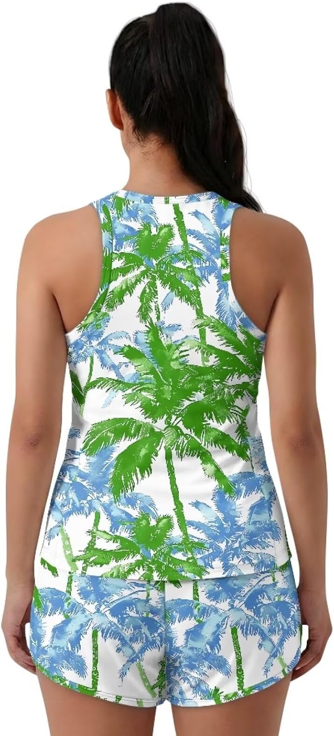 Women's Summer Crew Neck Tankini Swimsuit,Lightweight 2Pcs Bathing Suits with Pocket Sporty Swim Shorts Size S-6XL
