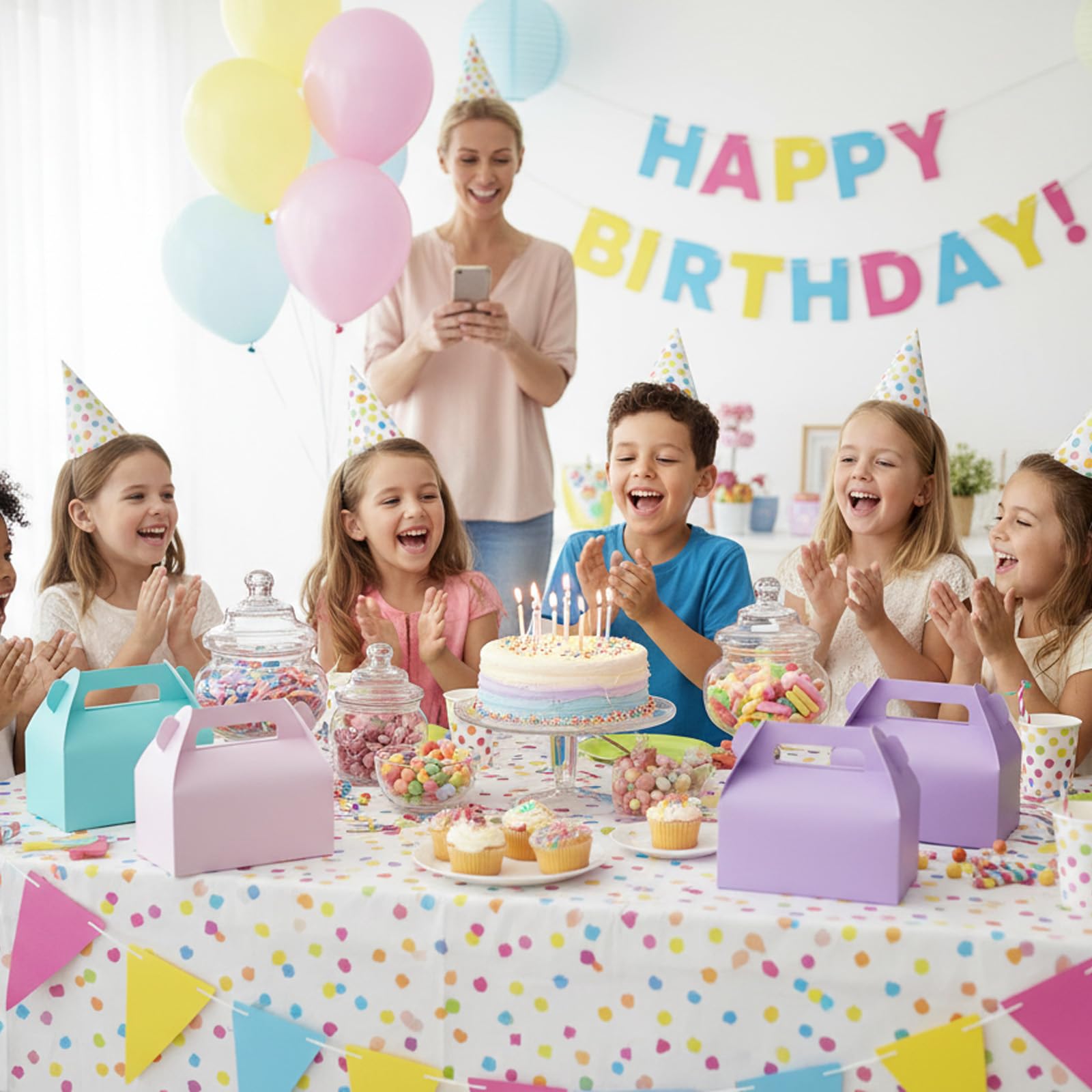 UnicoPak 30 Pack Pastel Gable Treat Boxes Party Favor Goodie Bag Boxes for Candy Treats Goody Cookie Toys for Birthday Party, 6.5x3.5x4 Inches