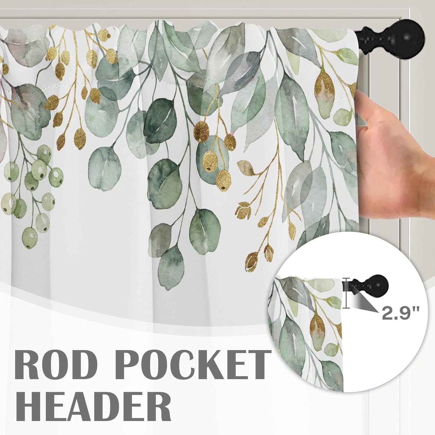 Emvency 4 Pack Valances Window Treatments, Green Eucalyptus Leaves Summer Blackout Adjustable Valances for Living Room Bathroom Bedroom Kitchen Over Sink, 52x12 Inch Rod Pocket