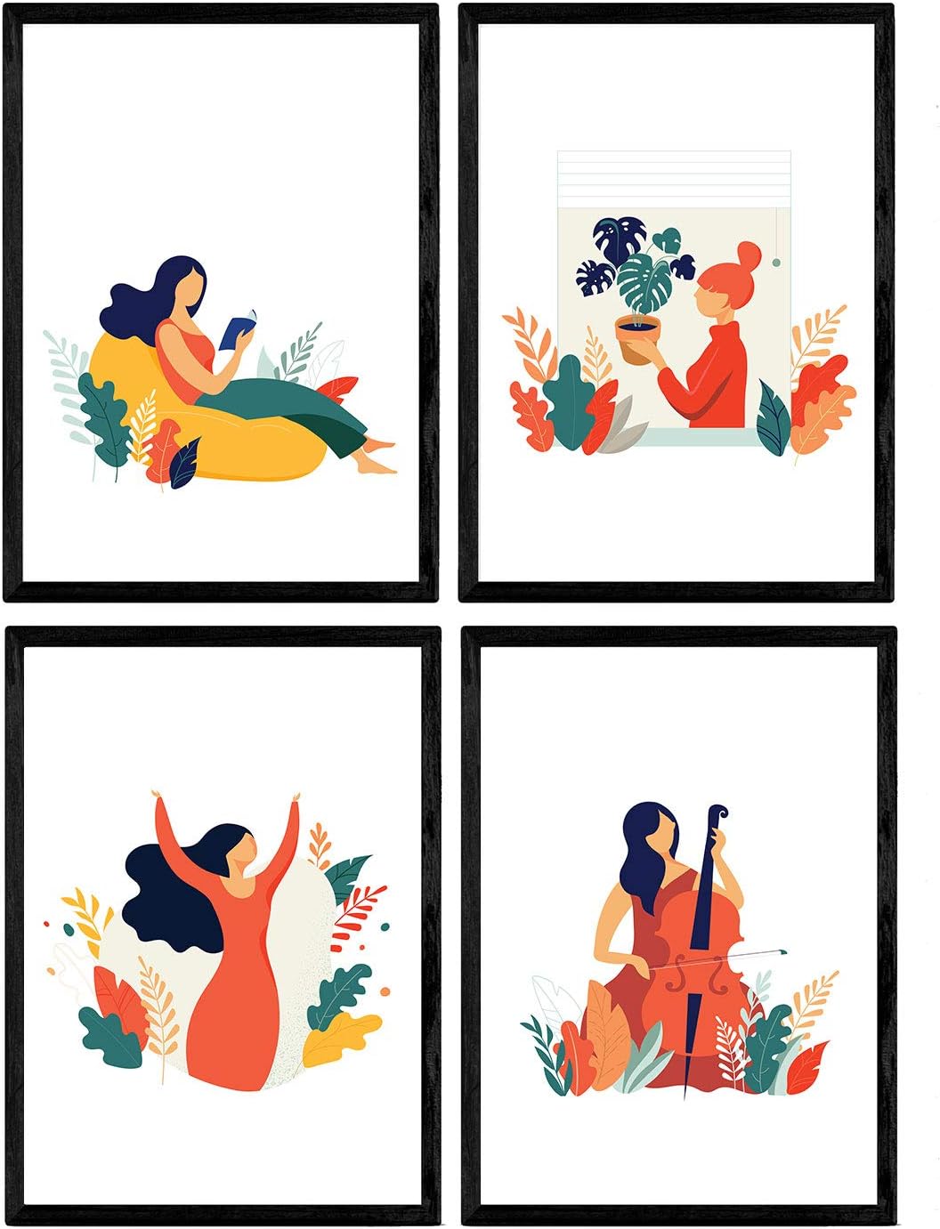 Nacnic Pack of posters with illustrations of women every day. Female plants, woman with cello. A4 size sheets