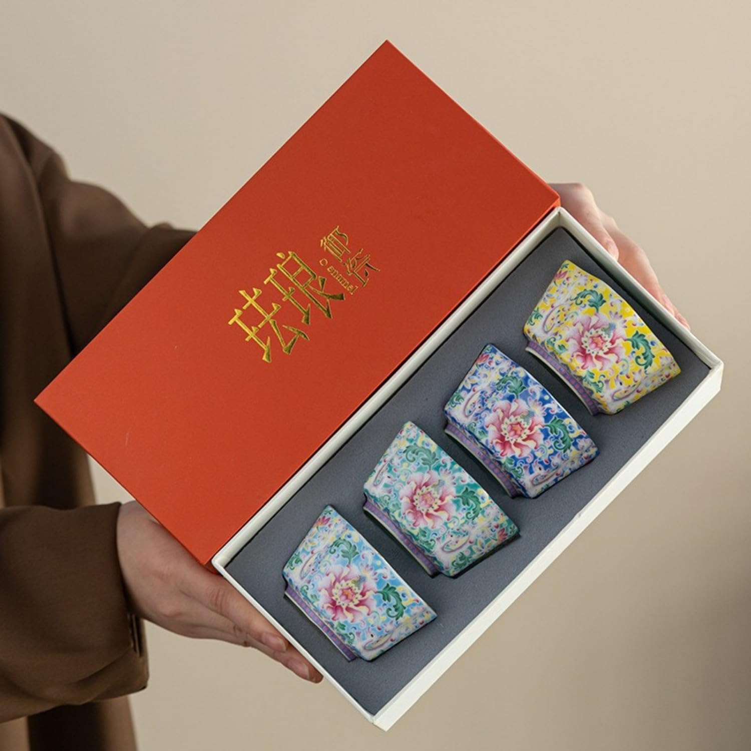 珐琅彩宝相花葵口杯家用主人杯单杯中式 Ceramic Kung Fu Tea Set,teapot,Teacups,warming Wedding Birthday Gift,Tea Tray Chinese,Dishwasher Safe 珐琅彩宝相花葵口杯（四色一套礼盒）-200mL以下