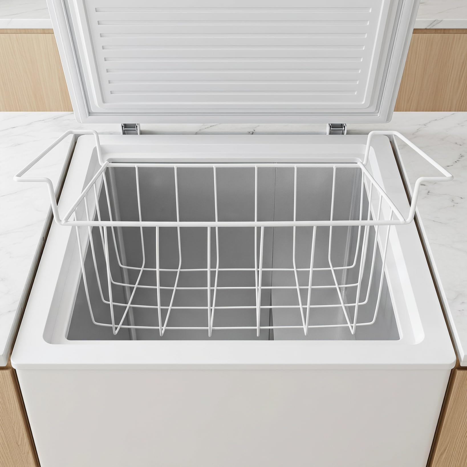 ULTECHNOVO Cesta para Congelador Horizontal 45x22x20 cm Organizador de Alambre Engrosado Rejilla Colgante de Almacenamiento para Arcón Congelador y Nevera Accesorios de Cocina y Comercio Blanco