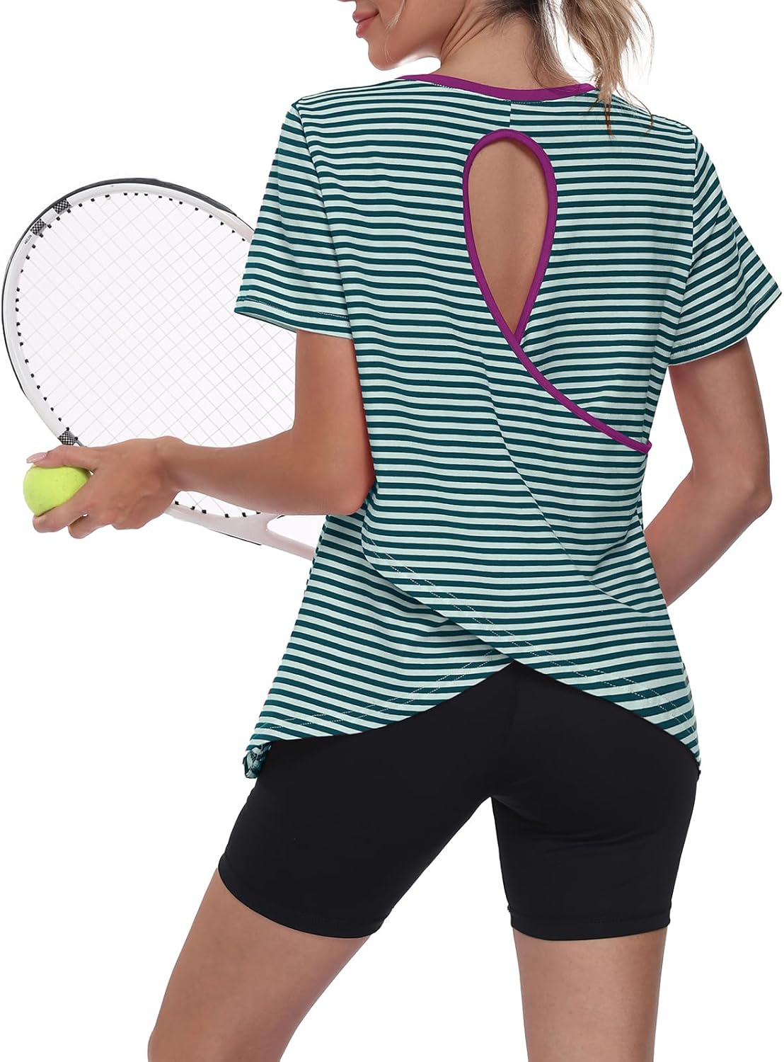 Kimmery Striped Open Back Workout Tops for Women Breathable Short Sleeve Athletic Shirts with Asymmetric Hem for Gym & Yoga - Image 6