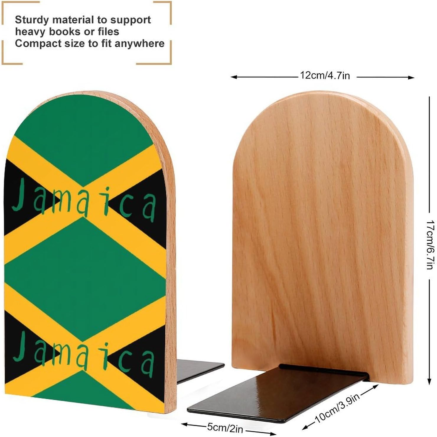 Flag of Jamaica Cute Wood Book Ends Decorative Bookends 1 Pair Non-Skid for Shelves Home Office 7 X 5 Inch