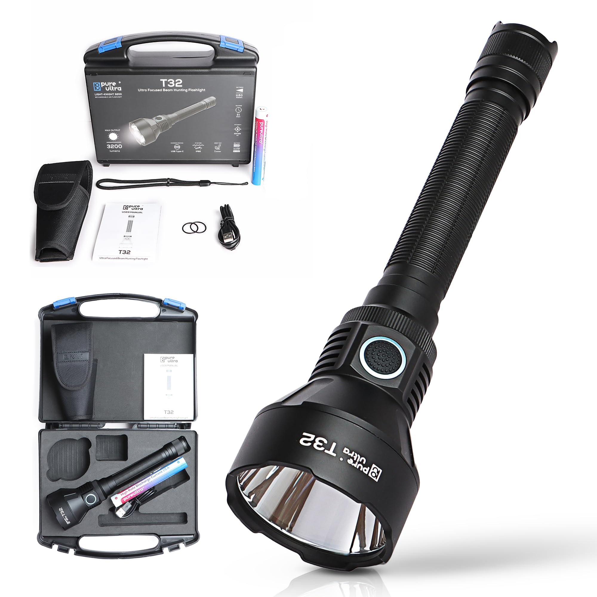 T32 LED Taschenlampe 3200 Lumen – Taktische Einsatzlampe mit 1150 m Reichweite, Stroboskop, USB-C, Holster, IP68, 18650 Akku aufladbar (Basic-Kit)