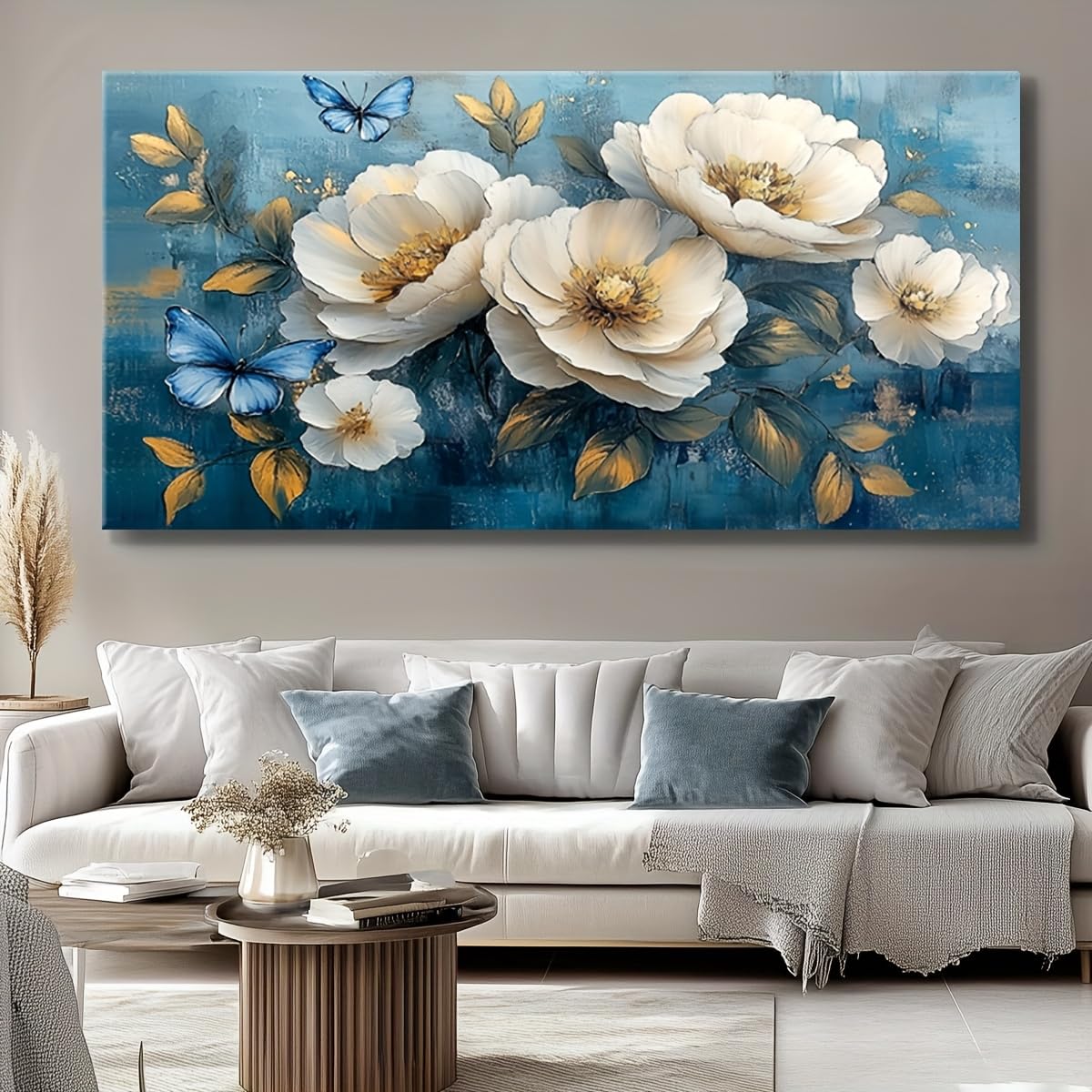 Tableau bleu cyan pour salon chic AEFOUU déco fleur blanche - 8
